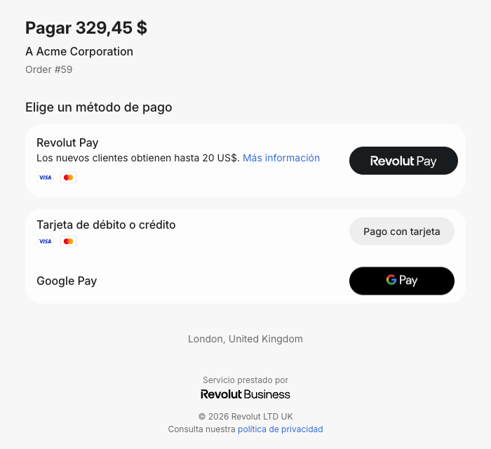 Página de pago de Revolut con Revolut Pay, tarjeta y Google Pay