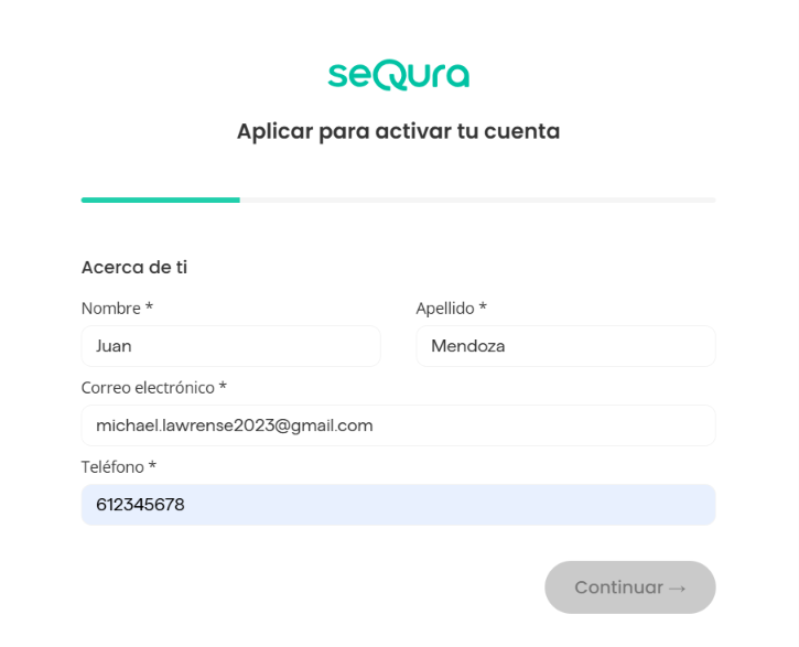Formulario de activación de seQura