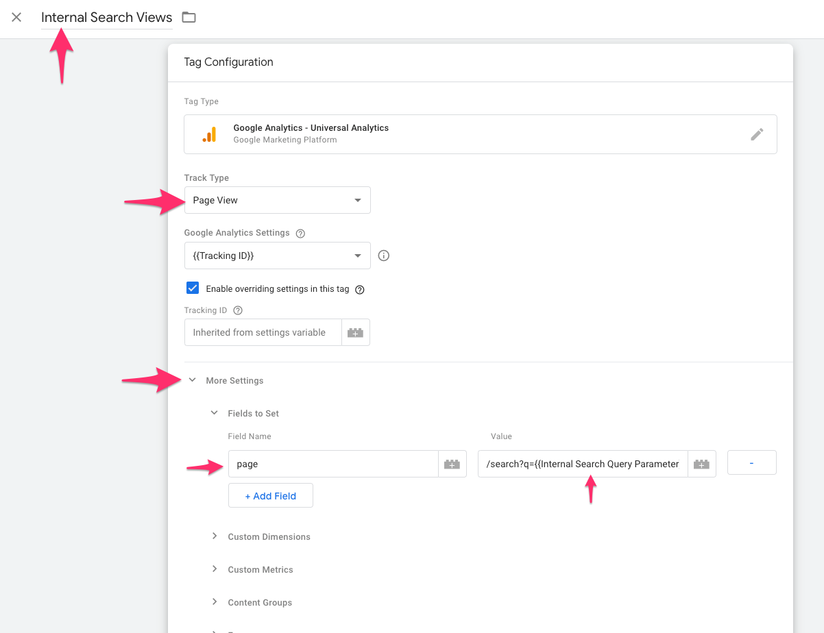 google tag manager internal search view