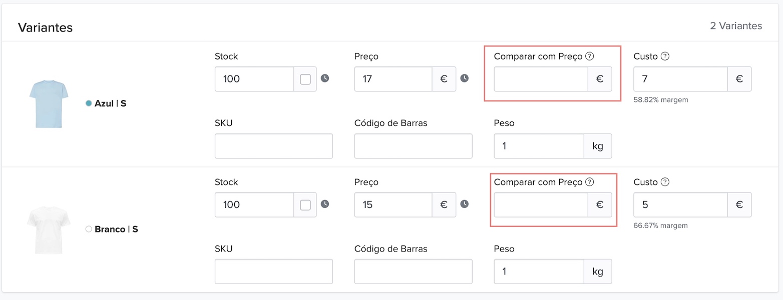 Funcionalidade comparar com preço com variantes