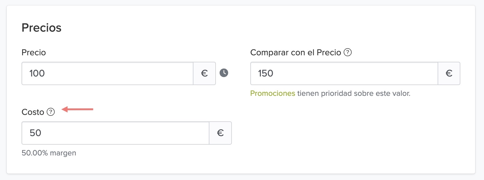 Sección de Costo en el panel de administración