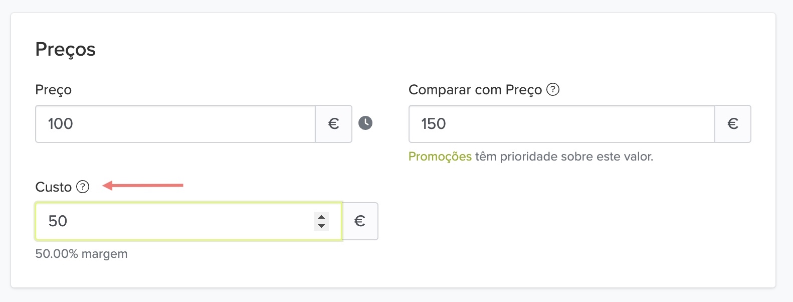 Secção de custo no painel de administração