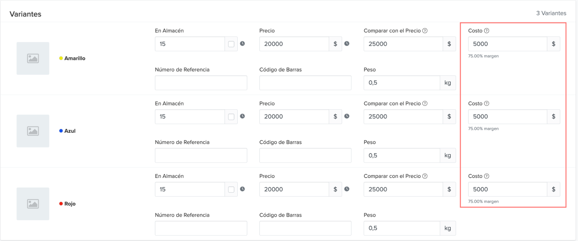 Campos para el costo de cada variante