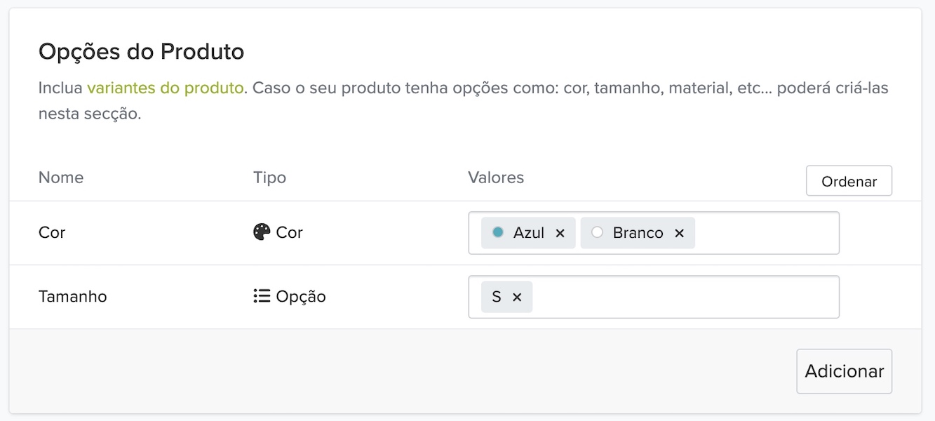 opções de produto