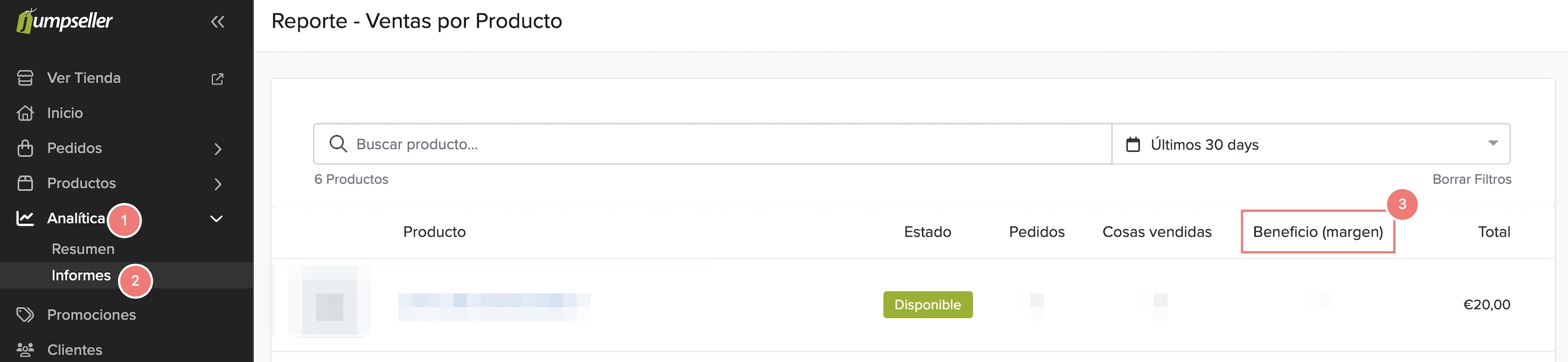 Sección de Informes en el panel de administración