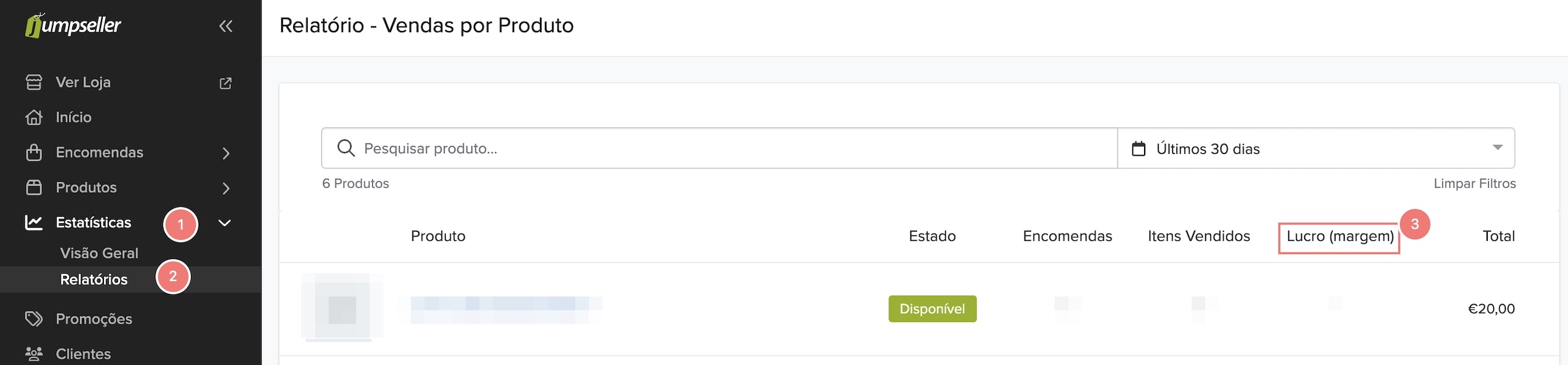 Secção de relatórios no painel de administração