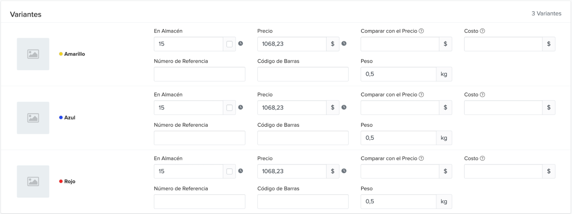 Screenshot of extended variants options screen with input fields for selling price and Compare At Price for each variant