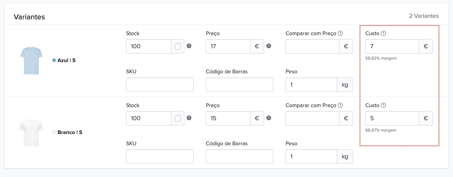 Captura de ecrã das opções das variantes com campos de introdução para o custo de cada variante
