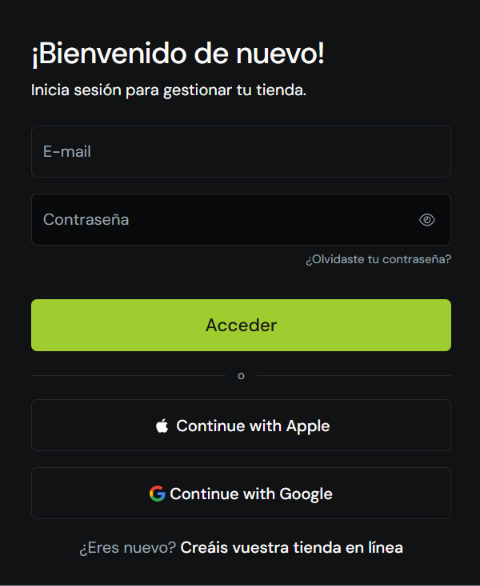 Botones Continuar con Google y Continuar con Apple en la página de inicio de sesión
